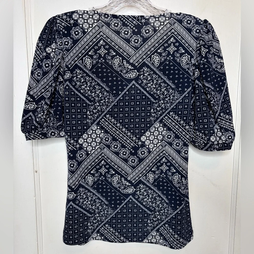 Cleo Petite XS Navy Blue Bandana Print Square Neck Puff Sleeve Top Boho Hippie
